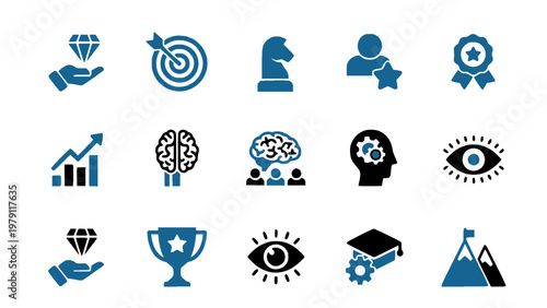 Blue and black icons showing achievement, targets, and progress concepts. Perfect for corporate and education use.
