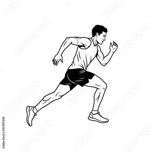 Energetic athlete sprinting forward in a dynamic black and white illustration.