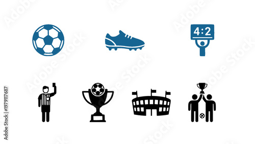 Icons showing sports, players, stadium, and trophies. Ideal for competition and event themes.