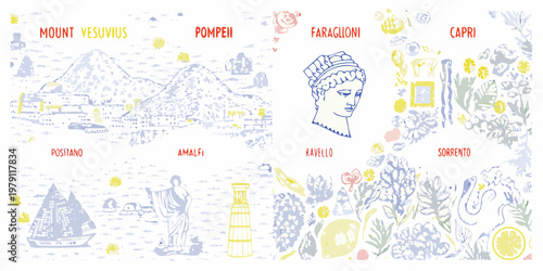 Tableau sur toile Illustrated map of the bay of Naples featuring historical landmarks