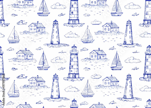Nautical sketch pattern featuring lighthouses sailboats and charming coastal homes