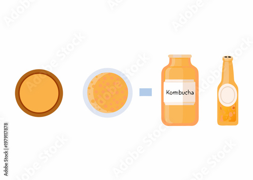 Illustrative depiction of kombucha in various container forms and stages