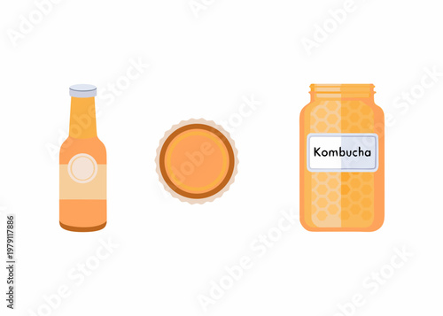 Illustration of kombucha bottles a cap and a hexagonal jar