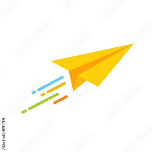 Free Download Yellow paper airplane soaring through the air with colorful trails. - GFXLoad