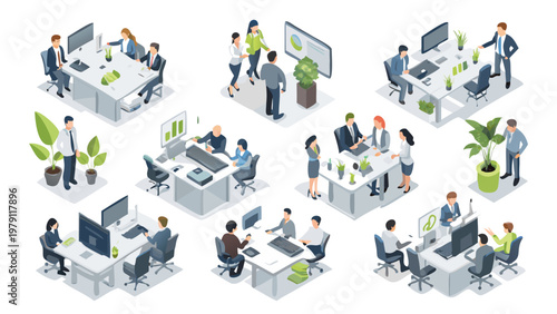 Isometric illustration depicting a busy modern corporate office environment