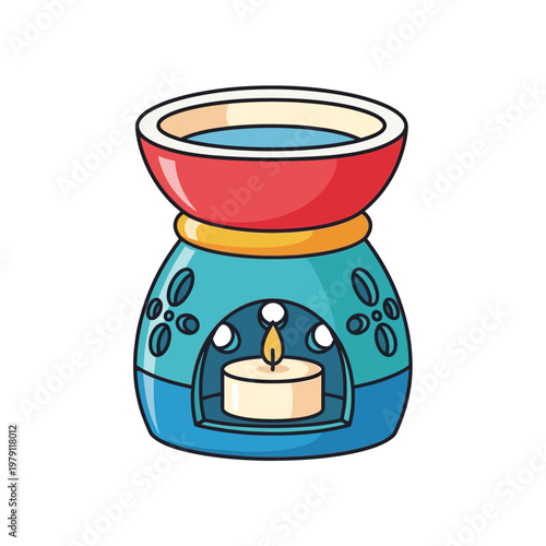 Cartoon illustration of an aromatherapy oil diffuser with a lit candle inside.