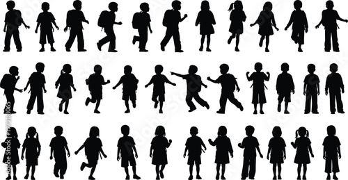 Collection of children silhouettes in various poses, kids playing and walking vector set for education, childhood, lifestyle, and activity illustration