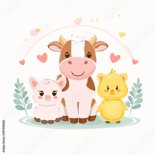 Whimsical illustration of three adorable baby farm animals a spotted cow, a fluffy lamb, and a cheerful chick, surrounded by cute hearts and stars, exuding warmth and innocence