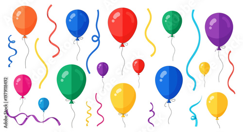 Colorful balloons and ribbons.