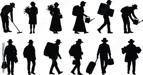 Collection of traveler and worker silhouettes with luggage, tools and equipment, vector set for lifestyle, journey, agriculture, and occupation illustration