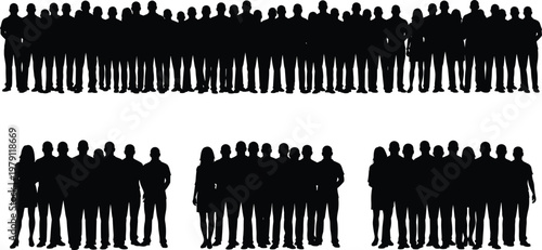 Crowd people silhouettes collection with large groups standing together, diverse human figures for social, community and audience vector illustration