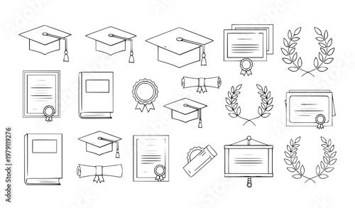 Education achievement icons set graduation cap diploma laurel academic success vector illustration