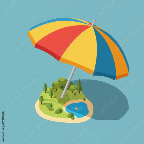 Colorful beach umbrella on a small island.