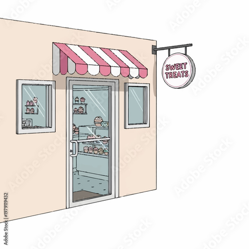 Illustration of a bakery storefront with pink and white awning.