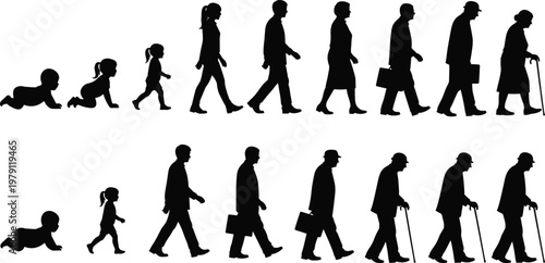 Human life cycle silhouettes from baby to elderly, aging process vector illustration for education, growth concept, and generational development design