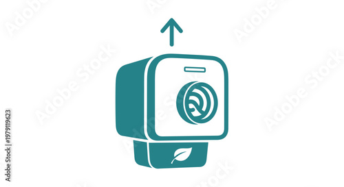 Eco-friendly air purifier with leaf symbol and upward arrow, clean air concept