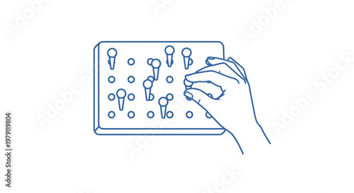 Hand placing peg in pegboard, fine motor skills development, cognitive activity