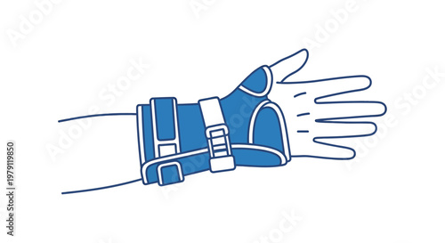 Hand with blue wrist brace, medical support for carpal tunnel syndrome, injury recovery
