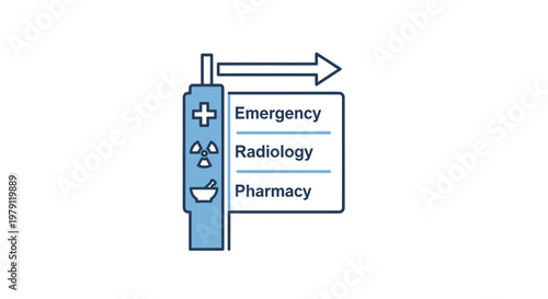 Hospital Signpost with Emergency, Radiology, Pharmacy Directions