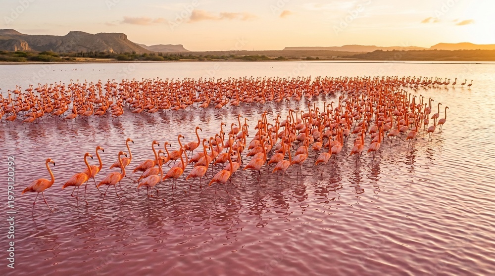 Fototapeta premium Aerial view of a large flock of flamingos in a pink salt lake at sunset.