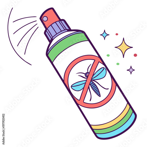 Mosquito repellent spray bottle with no mosquito symbol spraying liquid with colorful stars and dots isolated on white background for pest control and summer protection.