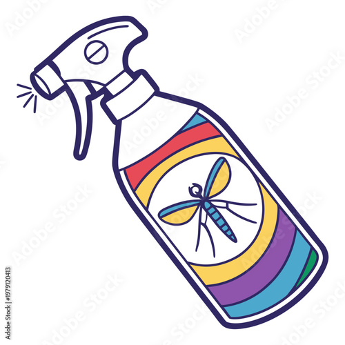 Mosquito repellent spray bottle with colorful stripes, insect control product for outdoor activities vector graphic.
