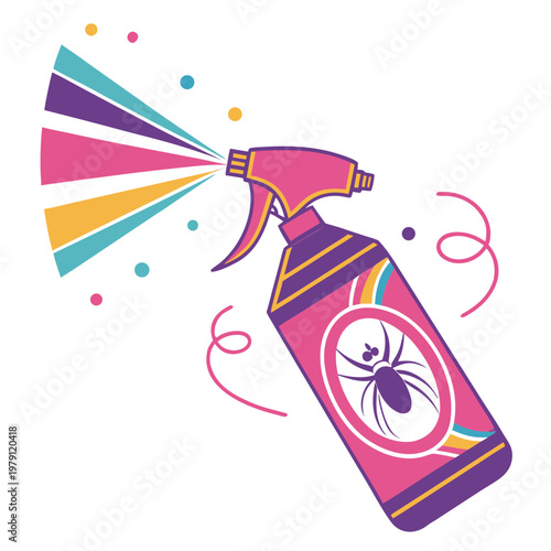 Spider repellent spray vector illustration, pest control chemical product bottle with colorful abstract background.
