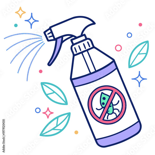 Pest control spray bottle illustration with bug prohibited sign leaves and sparkles representing effective sanitation and home garden protection.
