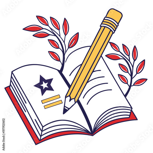 Open book with writing pencil surrounded by leaves symbolizing education achievement and pursuit of knowledge.