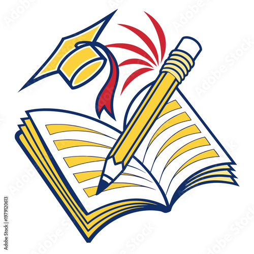 Open book, pencil, and graduation cap vector illustration, academic achievement and knowledge pursuit, higher education concept.