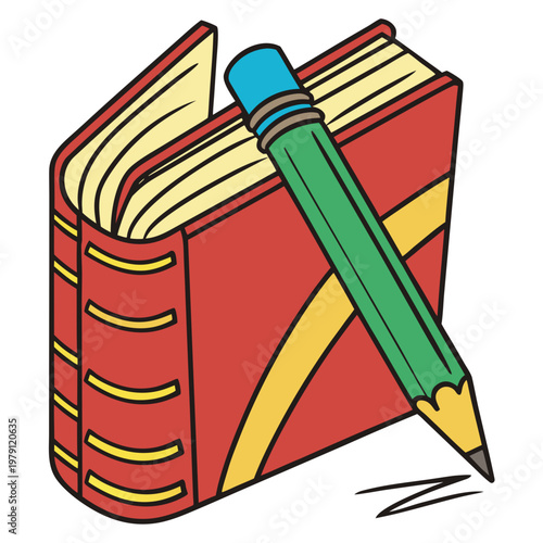 Thick red hardcover book with yellow stripes and green pencil placed on front cover with small scribbles at tip representing writing and literature.
