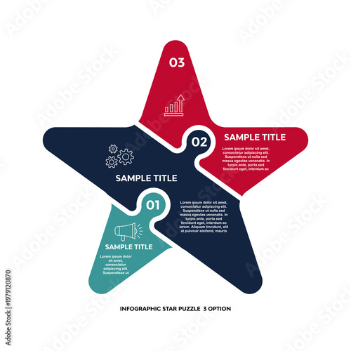 Vector star puzzle pyramid infographic with 3 option steps for business presentation visuals. Editable vector illustration.