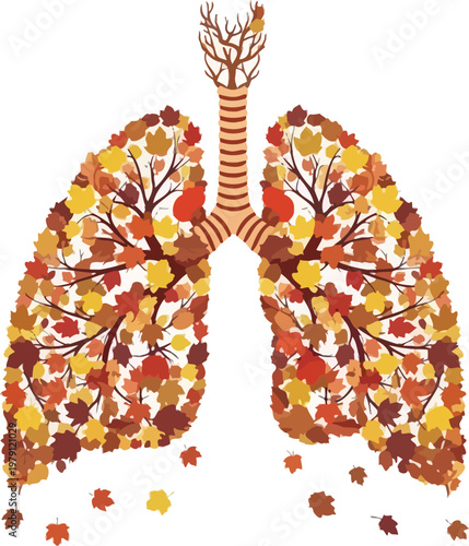 Human lungs shaped like a tree with colorful autumn leaves representing health and the environment during the changing fall season