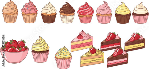Cupcakes and cake slices collection with strawberry and chocolate desserts colorful bakery vector illustration set isolated on white background