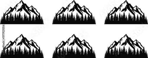 Stylized mountain range silhouettes with evergreen forest trees, minimalist outdoor landscape design, and symmetrical nature-inspired artwork for creative projects