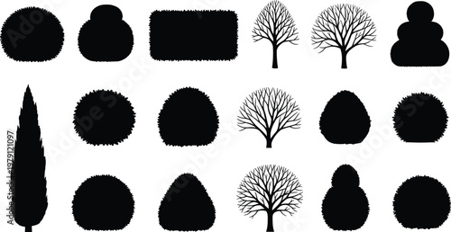 Tree and bush silhouettes collection with various garden shapes, topiary forms and leafless trees for landscape design vector illustration