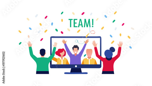 Diverse team members celebrating success and achievement together virtually on a computer screen
