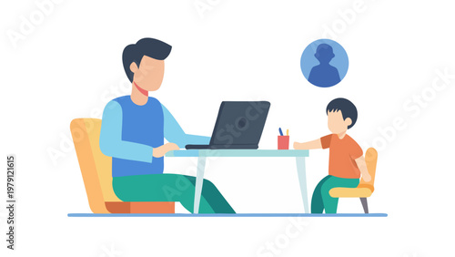 Father working on a laptop at a desk while his young son sits and studies beside him