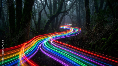 A mesmerizing cascade of vibrant rainbow light carves a winding, mystical path through a dark, enchanted forest, embodying a journey of discovery and illuminated wonder