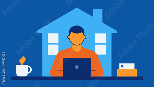 A person working on a laptop in front of a house silhouette, representing remote work and home office setup