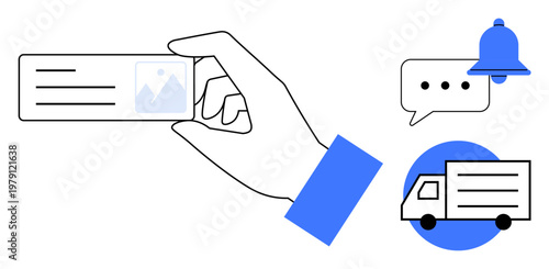Digital services, shipping, communication, logistics, notifications, modern supply chain. A hand holding a card, notification bell chat bubble and truck icon. Digital services and shipping concept