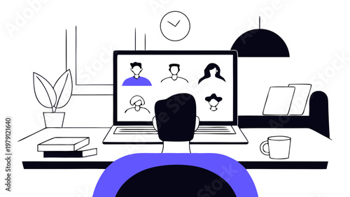 Person participating in a video conference call with multiple colleagues on a laptop screen