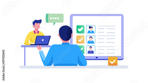 Two men are in an office, one interviewing the other for a job with a list of candidates on a screen