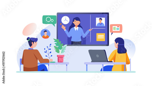 A teacher presenting a lesson on a large screen to students participating in an online class remotely.