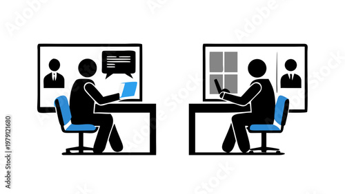 Two people working remotely on computers with screens displaying work-related content and virtual meetings