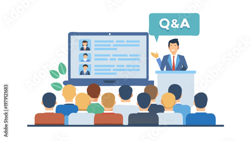 A business presentation session with a speaker addressing an audience and a laptop displaying Q&A information