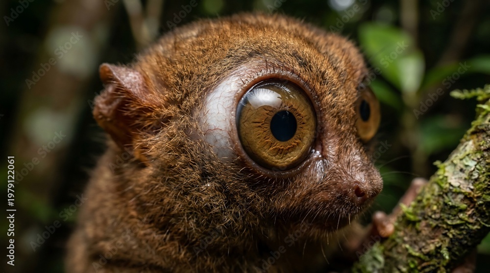 Obraz premium Close-up of a Philippine Tarsier with large eyes in its natural habitat, a small primate native to the Philippines.