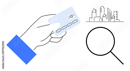 Finance, security, transactions, urban planning, data analysis, digital payments. Hand holding a credit card with a city skyline and magnifying glass. Finance and security concept