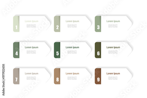 For business concept with 9 steps infographics, arrow shape with multicolor label, design for workflow layout, diagram, annual report, web design. vector illustration