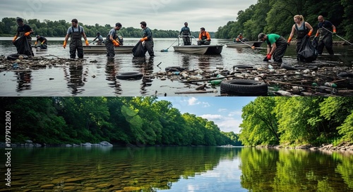 Earth day river cleanup volunteers removing trash to protect our planet's ecosystems